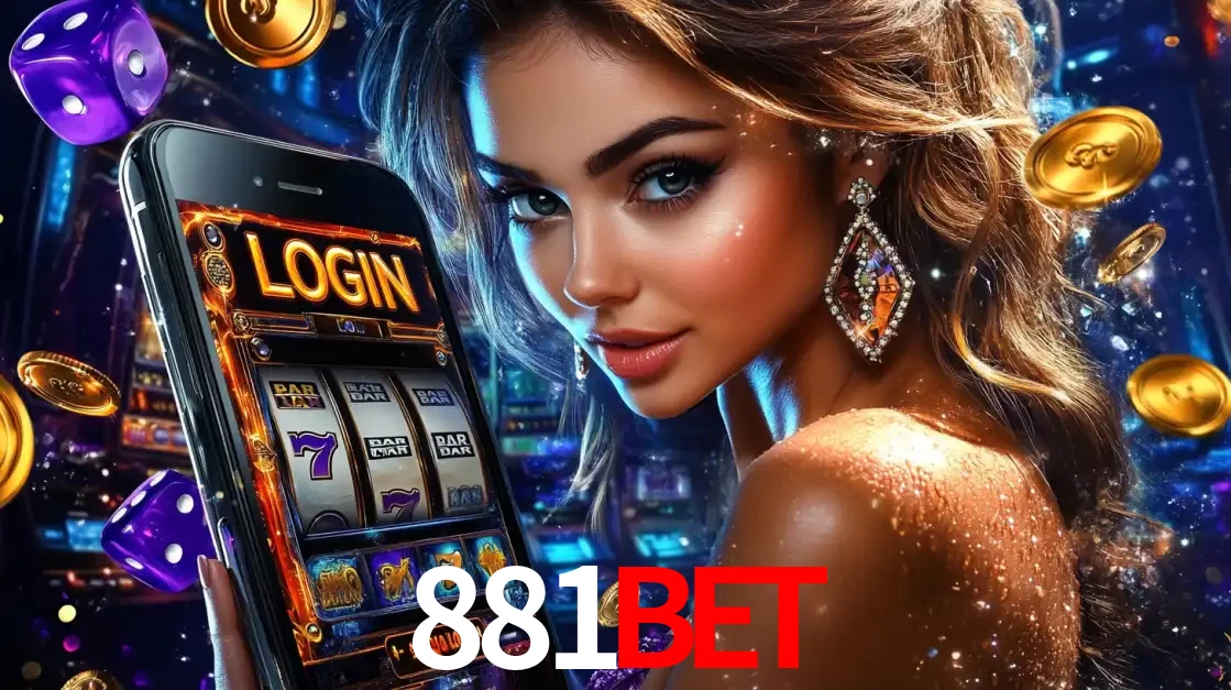 Mulher glamorosa segurando um smartphone com a tela de login para os jogos de caça-níqueis do cassino online 881BET, com moedas de ouro e dados ao redor.